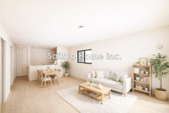 陽光ふりそそぐ明るいリビング。対面式キッチンは、家事をしながら家族の様子が一目でわかる安心＆便利設備。※家具はCG加工しております。
■小金井市貫井南町4　新築一戸建■