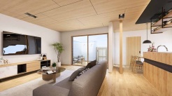 開放感と採光にこだわった22.62帖の広々としたLDKです。陽光いっぱいの空間で家族団らんの時間も増えそうですね！（リビング完成予想図）