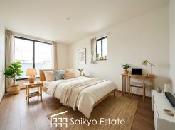 バルコニーに出入りの出来る洋室は、たくさん陽光が差し込む明るい空間です。朝も気持ちよく起きられそうです♪
(F号棟)
※家具・備品類はCG加工しています。